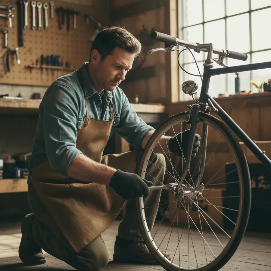 A man in his forties in a work apron tightening a bolt on a bicycle wheel in a workshop