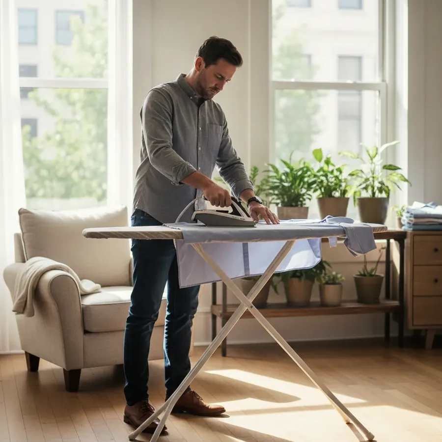 A man in his thirties ironing a shirt in a bright living room with plants