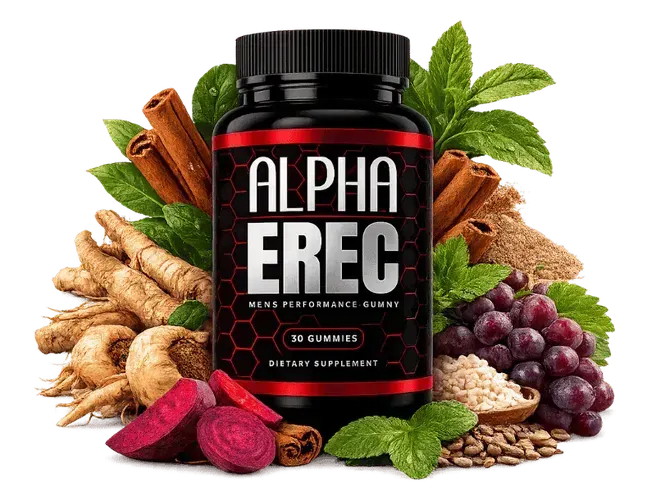 Alpha Erec bottle surrounded by roots, herbs, beets, grapes and cinnamon sticks