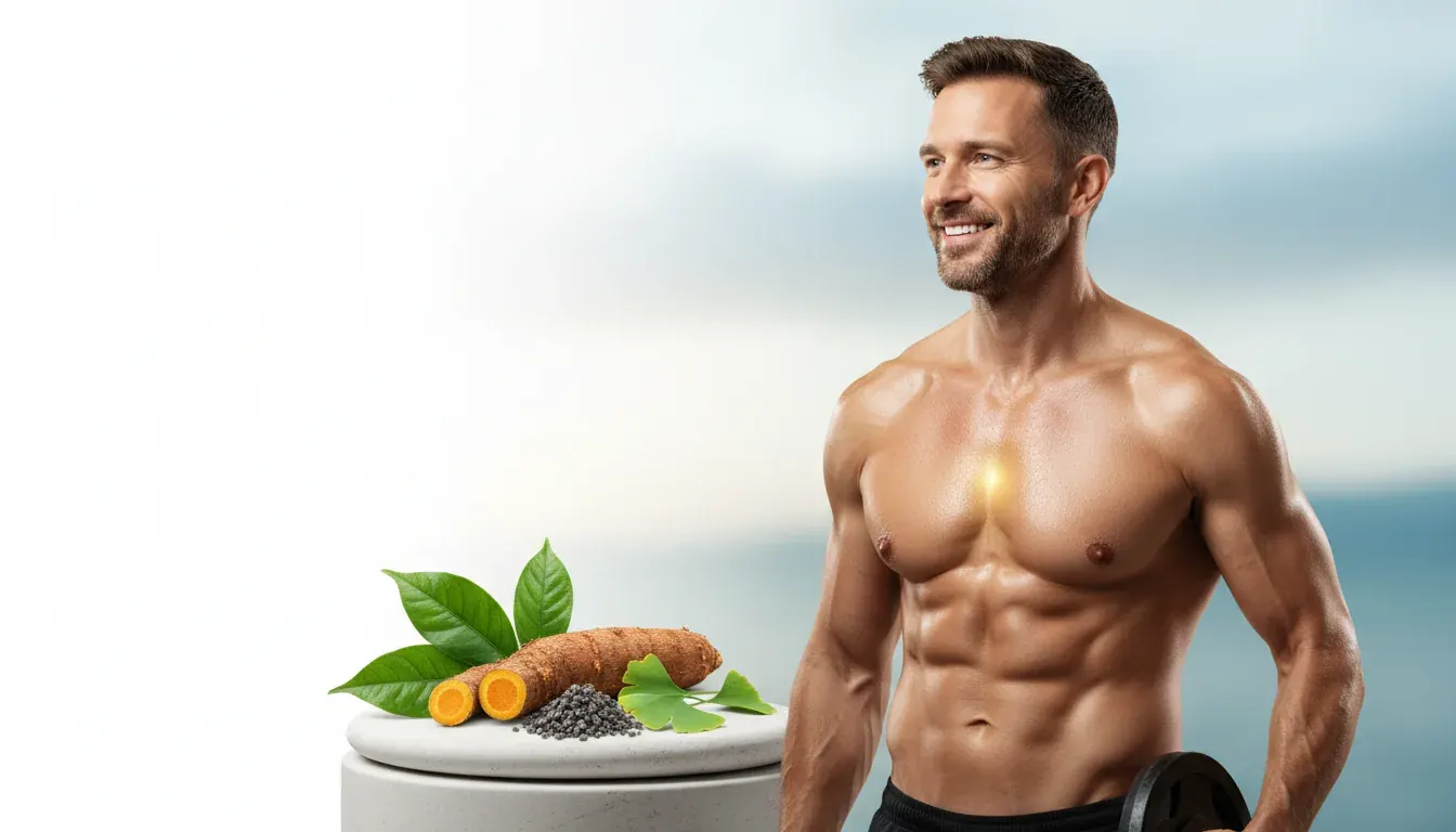 A smiling shirtless man beside a stand with turmeric root, leaves and seeds