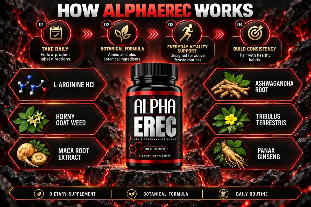 Brand graphic titled How Alpha Erec Works with four steps and six ingredient icons around the bottle