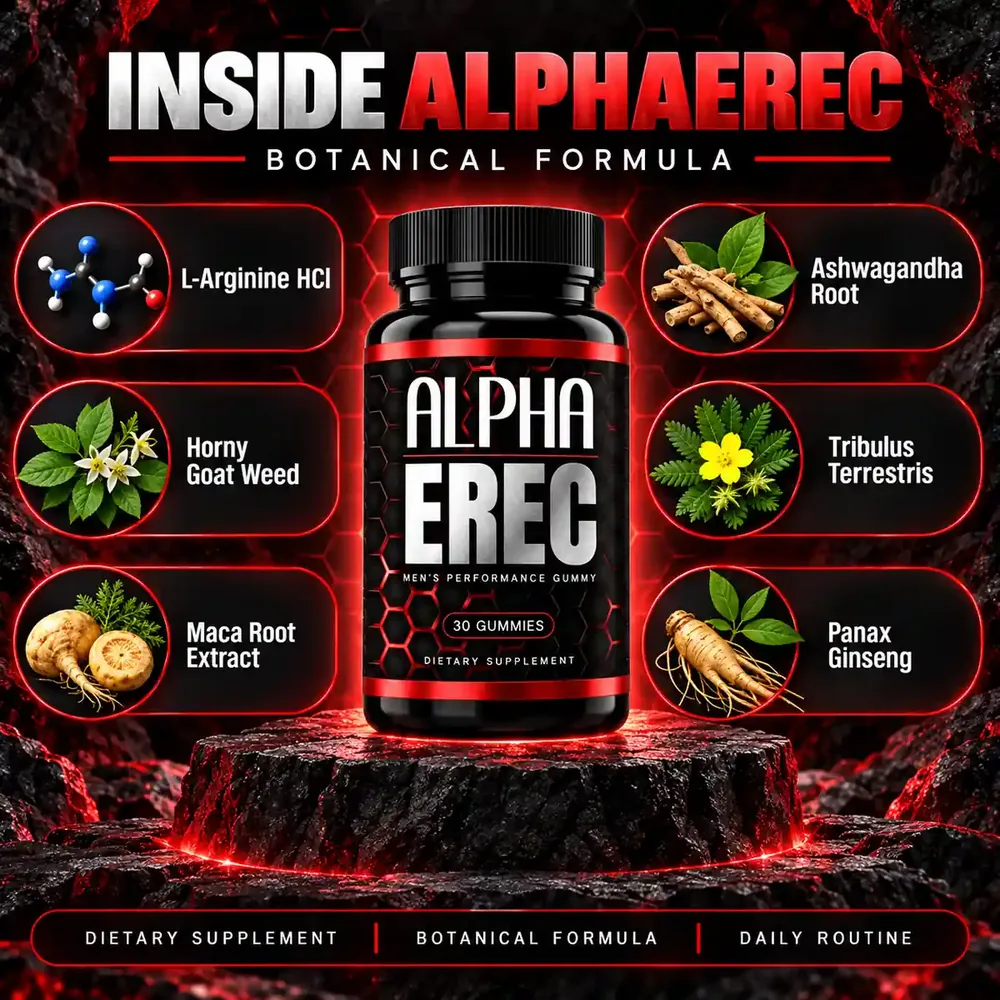Brand graphic titled Inside Alpha Erec showing six ingredients around the bottle