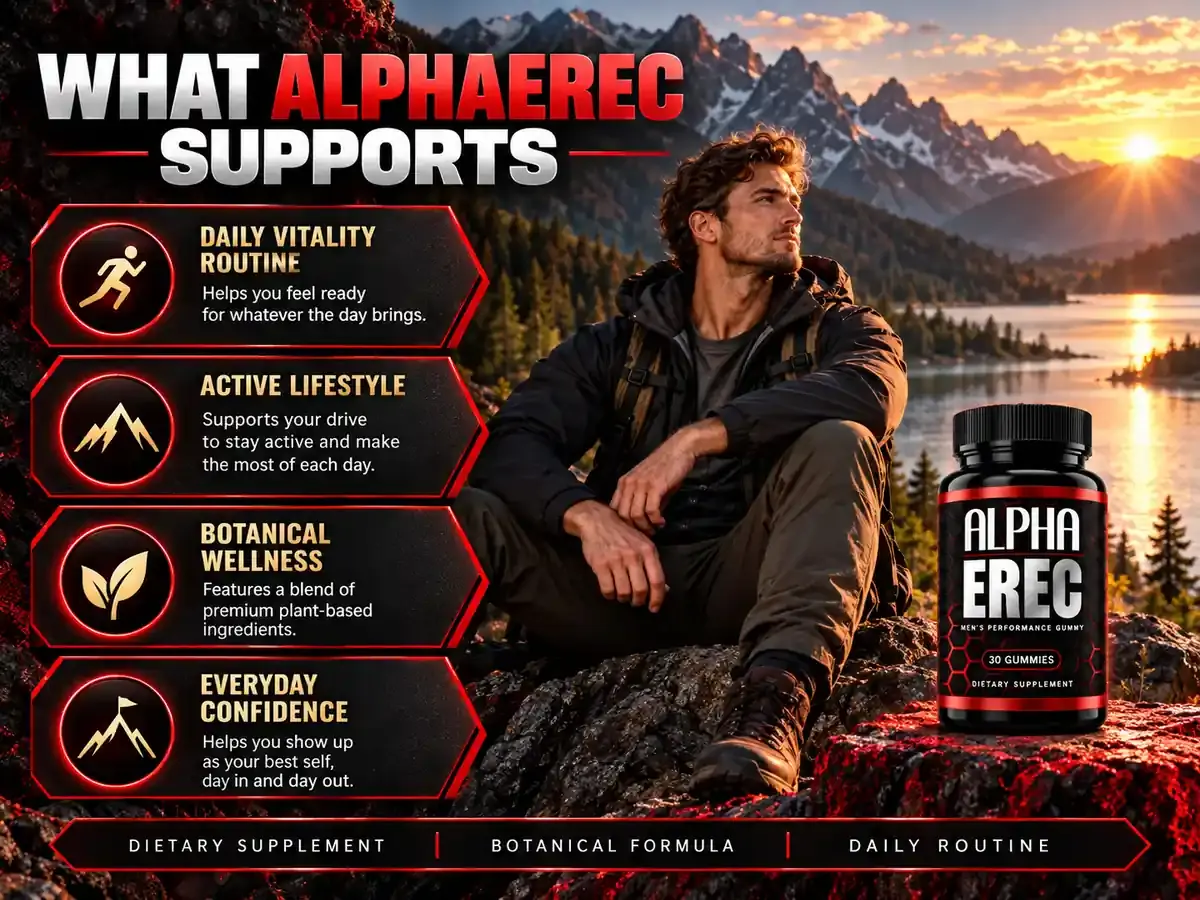 Brand graphic titled What Alpha Erec Supports with a hiker on a mountain and four benefit phrases