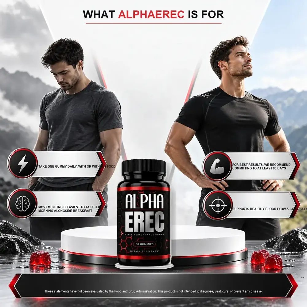 Brand graphic titled What Alpha Erec Is For with two models, the bottle and four notes