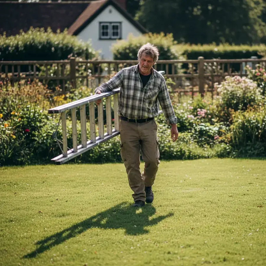 A gray-haired man in his fifties carrying a ladder across a garden lawn